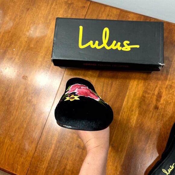 Lulu's Maggy Black‎ Velvet Embroidered Square-Toe Loafer Slides Size 9 - Picture 9 of 15